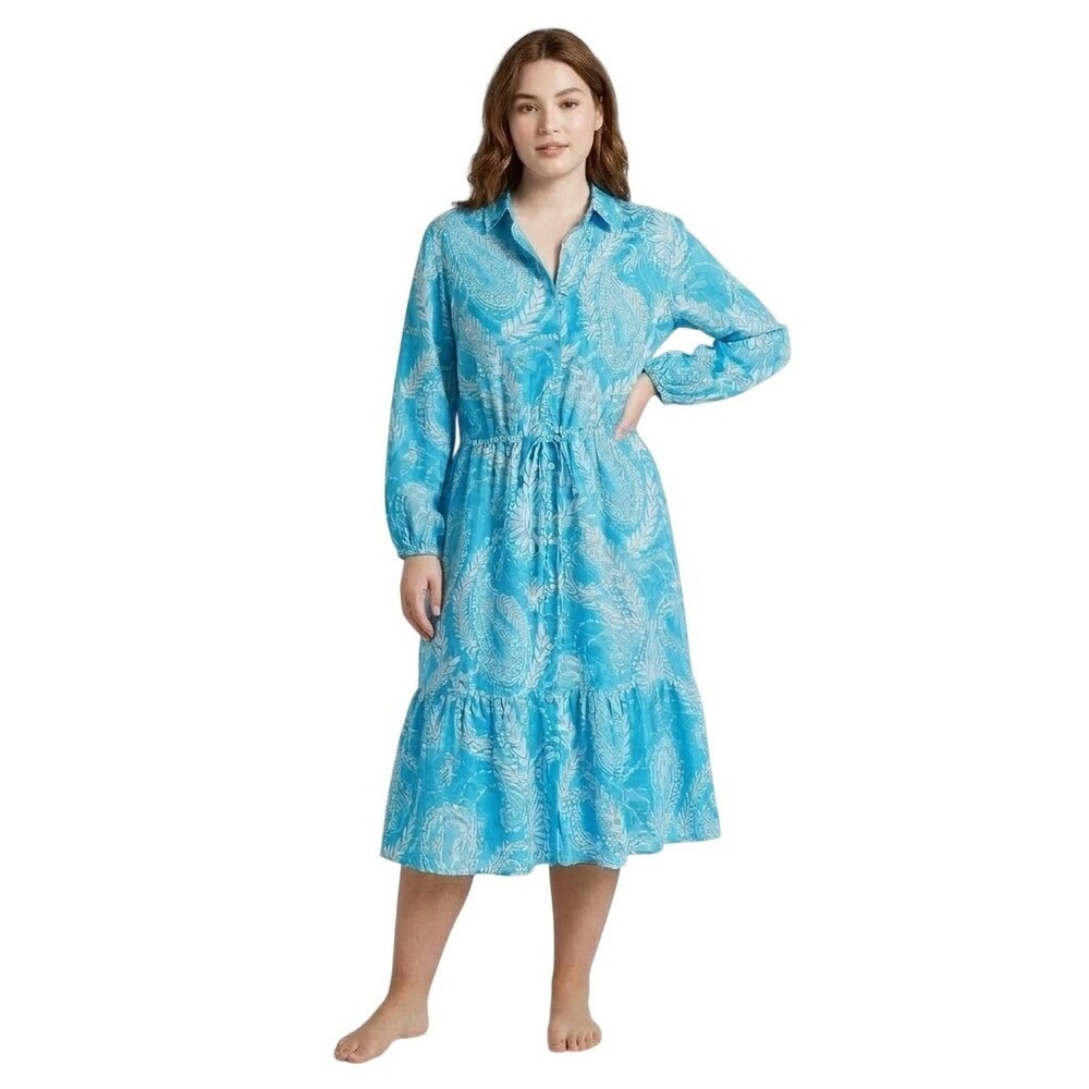 Talbots Dress Womens 14 Blue Paisley Linen Cotton Drawstring Tiered Midi Summer